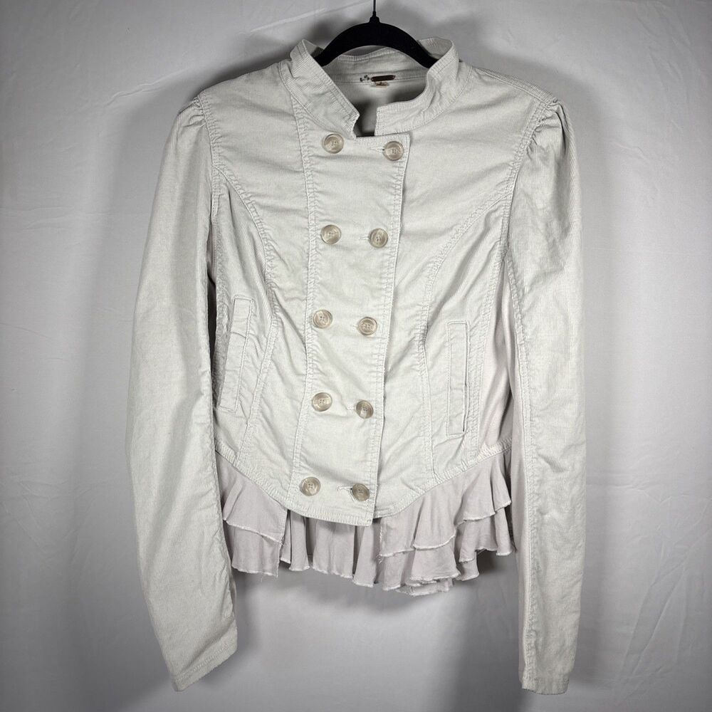 Free People Womens XS Ivory Corduroy Ruffle Military Jacket Double Breasted